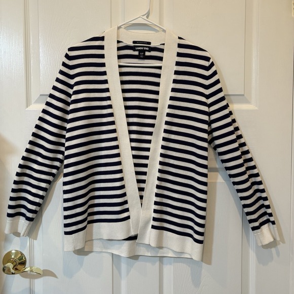 Land's End Nautical Cardigan Size Small Navy White‎ Striped Button Up Pockets - Picture 1 of 8